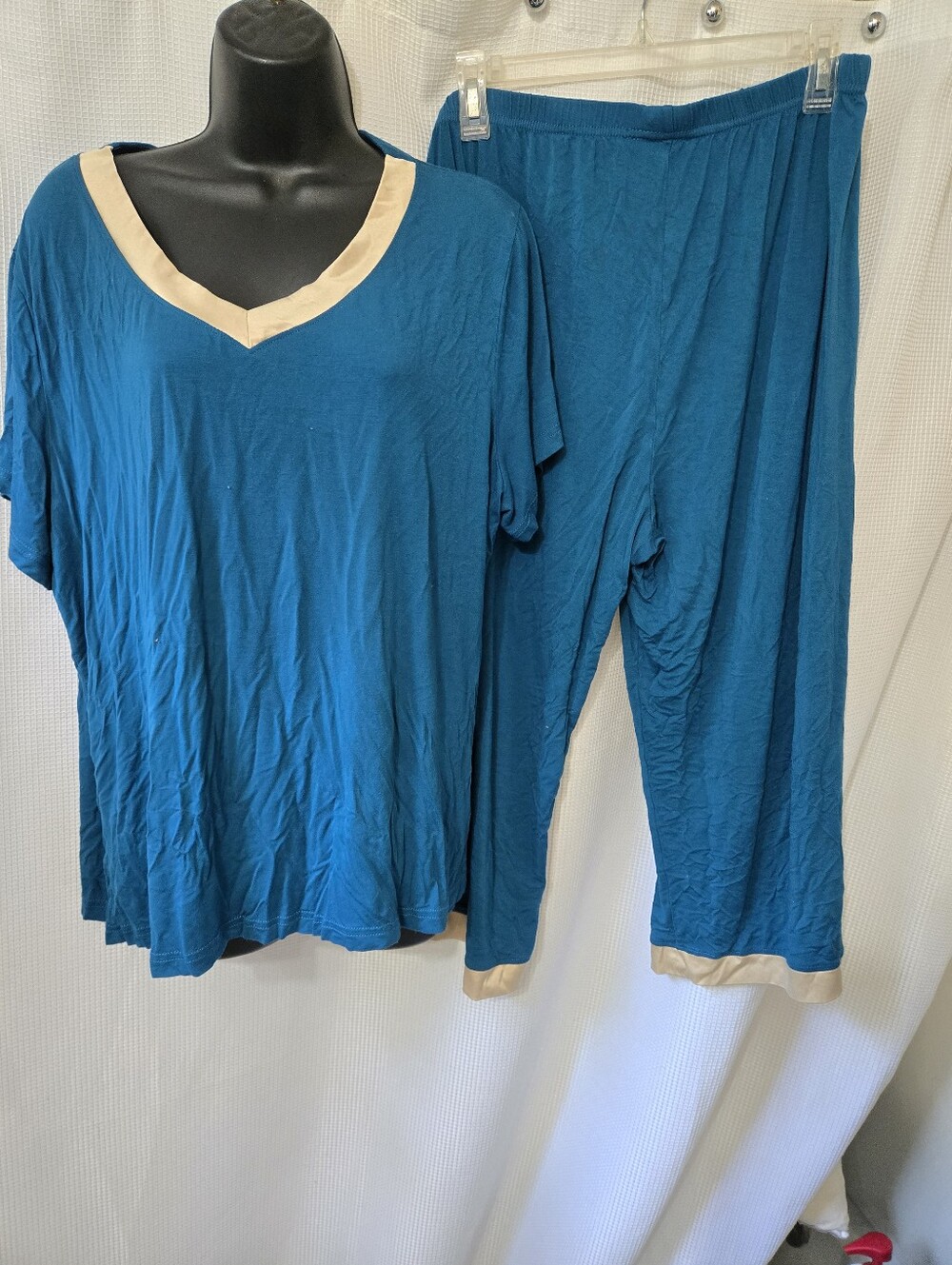 Relaxed Teal Pajama Set with Cream Trim - Women's Sleepwear